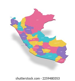 Peru political map of administrative divisions - departments. 3D colorful vector map with name labels.