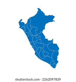 Peru political map of administrative divisions - departments. Solid blue blank vector map with white borders.