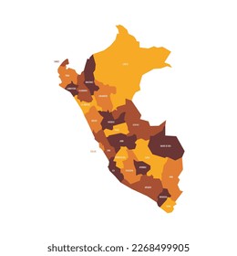 Peru political map of administrative divisions - departments. Flat vector map with name labels. Brown - orange color scheme.