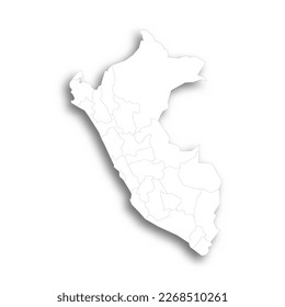 Peru political map of administrative divisions - departments. Flat white blank map with thin black outline and dropped shadow.