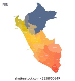 Mapa político del Perú de las divisiones administrativas - departamentos. Mapa político de colorido espectro con etiquetas y nombre de país.