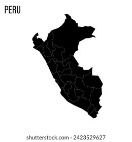 Mapa político del Perú de las divisiones administrativas - departamentos. Mapa negro en blanco y nombre de país.