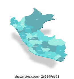 Peru political map of administrative divisions - departments. 3D turquoise vector map with name labels.