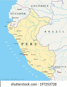 Peru Political Map with capital Lima, national borders, most important cities, rivers and lakes. Vector illustration with English labeling and scaling.