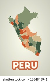 Peru poster in retro style. Map of the country with regions in autumn color palette. Shape of Peru with country name. Creative vector illustration.