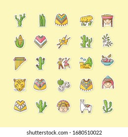 Peru printable patches. Andean country sights, traditions, agriculture, animals. RGB color stickers, pins and badges set. Alpaca, siku, poncho, cherimoya, ceviche. Vector isolated illustrations