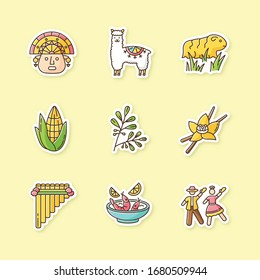 Peru printable patches. Hispanic traditions, culture, cuisine. RGB color stickers, pins and badges set. Incas, alpaca, guinea pig, corn, coca, vanilla, ceviche, marinera. Vector isolated illustrations