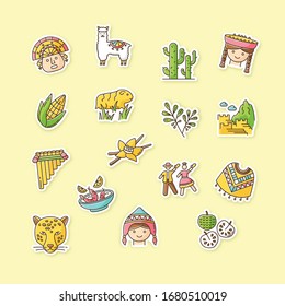 Peru printable patches. Peruvian sights, culture, nature. RGB color stickers, pins and badges set. Alpaca, guinea pig, siku, poncho, cherimoya, ceviche, jaguar. Vector isolated illustrations