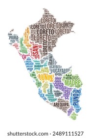 Peru region word cloud. Country shape design. Peru colored illustration. Region names collage cloud. Vector illustration.