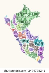 Peru regions word cloud. Country logo design. Regions typography style vector image. Peru colored text cloud. Artistic vector illustration.