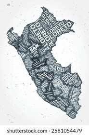 Peru regions word clouds. Country shape on textured background. Peru design in typographic style. Elegant vector illustration.