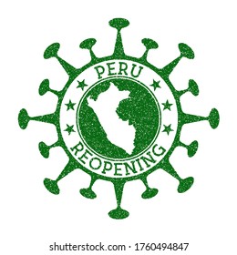 Peru Reopening Stamp. Green round badge of country with map of Peru. Country opening after lockdown. Vector illustration.
