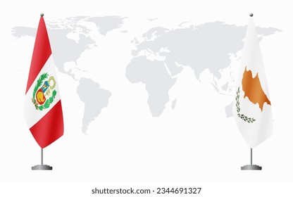 Peru and Republic of Cyprus flags for official meeting against background of world map.