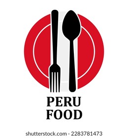 Peru Restaurant Food Logo. Flaggensymbol mit Plattenlöffel und Gabelsymbol Vorlagendesign