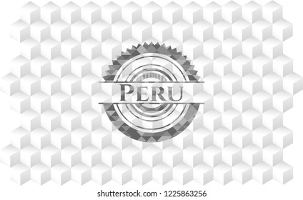 Peru retro style grey emblem with geometric cube white background