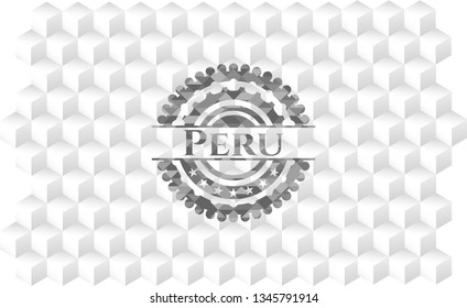 Peru retro style grey emblem with geometric cube white background