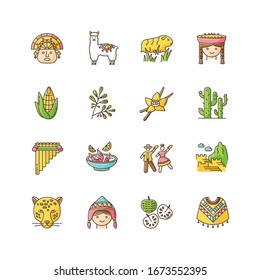 Peru RGB color icons set. Peruvian sights, culture, nature, cuisine. Traveling in Latin America. Alpaca, guinea pig, siku, poncho, cherimoya, ceviche, jaguar, incas. Isolated vector illustrations