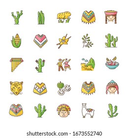 Peru RGB color icons set. Andean country sights, traditions, cuisine, agriculture, animals. Alpaca, guinea, pig, poncho, cherimoya, ceviche, jaguar, incas, marinera. Isolated vector illustrations