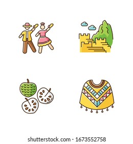 Peru RGB Color Icons Set. Mixture Of Spanish And Native American Traditions. Andean Tourist Attractions. Marinera, Machu Picchu, Cherimoya, Poncho. Trip In Latin America. Isolated Vector Illustrations