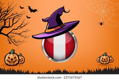 peru round flag with Happy Halloween banner or party invitation background. bats, spiders and pumpkins, orange background