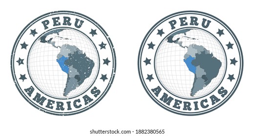 Logo de la ronda de Perú. Bandas circulares de un país con mapa del Perú en contexto mundial. Sellos de país simples y texturados. Ilustración vectorial.