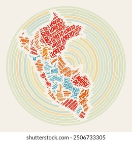 Peru Round Poster. Typography style image of Country. Regions word clouds of Peru. Vintage image design with scratch texture.