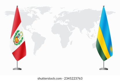 Peru and Rwanda flags for official meeting against background of world map.