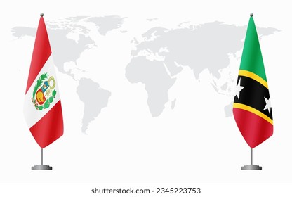 Peru and Saint Kitts and Nevis flags for official meeting against background of world map.
