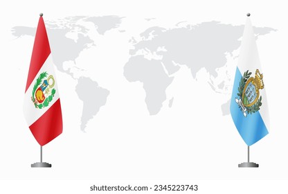 Peru and San Marino flags for official meeting against background of world map.