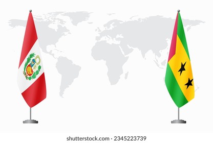 Peru and Sao Tome and Principe flags for official meeting against background of world map.