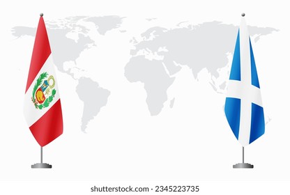 Peru and Scotland flags for official meeting against background of world map.