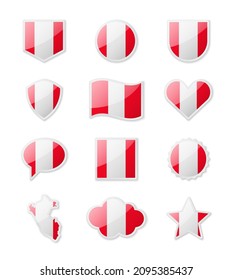 Peru - set of country flags in the form of stickers of various shapes. Vector illustration