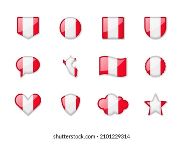 Peru - set of shiny flags of different shapes. Vector illustration
