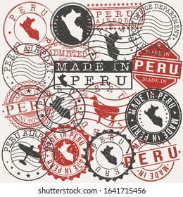 Peru Set of Stamps. Travel Passport Stamps. Made In Product. Design Seals in Old Style Insignia. Icon Clip Art Vector Collection.