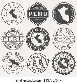 Peru Set of Stamps. Travel Stamp. Made In Product. Design Seals Old Style Insignia.