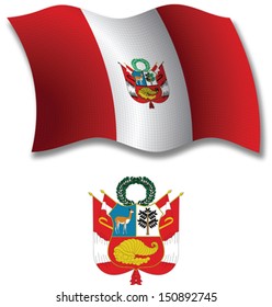 peru shadowed textured wavy flag and coat of arms against white background, vector art illustration, image contains transparency transparency