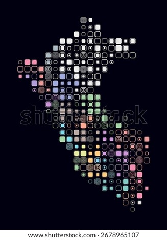 Peru, shape of the country build of colored cells. Digital style map of the Peru on dark background. Large size rounded square blocks. Abstract vector illustration.