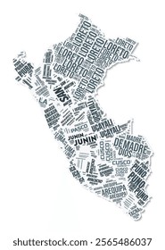 Peru shape text cloud. Country border with shadow on white background. Peru with regions division in vintage gazette style. Awesome vector illustration.