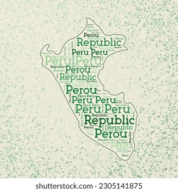 Peru shape whith country names word cloud in multiple languages. Peru border map on captivating triangles scattered around. Cool vector illustration.