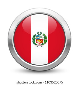 Peru - shiny metallic button with national flag. Peruvian symbol isolated on white background. Vector EPS10