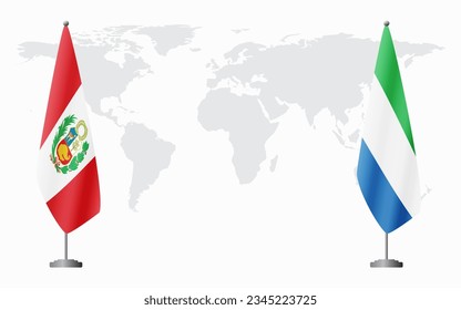 Peru and Sierra Leone flags for official meeting against background of world map.