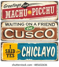 Peru signs collection with popular touristic destinations. Vintage vector souvenir sign or postcard templates. Travel theme. Places to visit and remember.