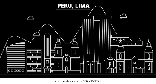 Peru silhouette skyline, vector city, peruvian linear architecture, buildings. Peru travel illustration, outline landmarkflat icon, peruvian line banner