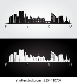 Peru skyline and landmarks silhouette, black and white design, vector illustration.