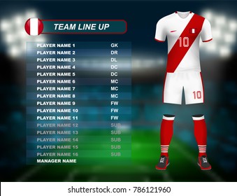 Peru Soccer Jersey Kit With Team Line Up Board On Soccer Stadium And Crowd Fan With Spot Light Backdrop On Night Time. Concept For South America Result Background In Vector Illustrative