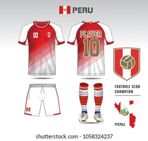 Peru soccer jersey or team apparel template. Mock up Football uniform for football club. Red and white layout football sport t-shirt design. Vector Illustration design.