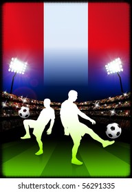 Peru Soccer Player with Flag on Stadium Background Original Illustration