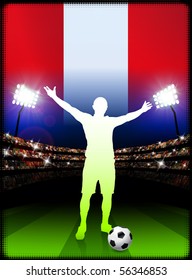Peru Soccer Player with Flag on Stadium Background Original Illustration