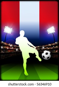 Peru Soccer Player with Flag on Stadium Background Original Illustration