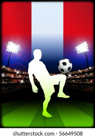 Peru-Fußballspieler mit Flagge auf Stadionhintergrund - Originalillustration
